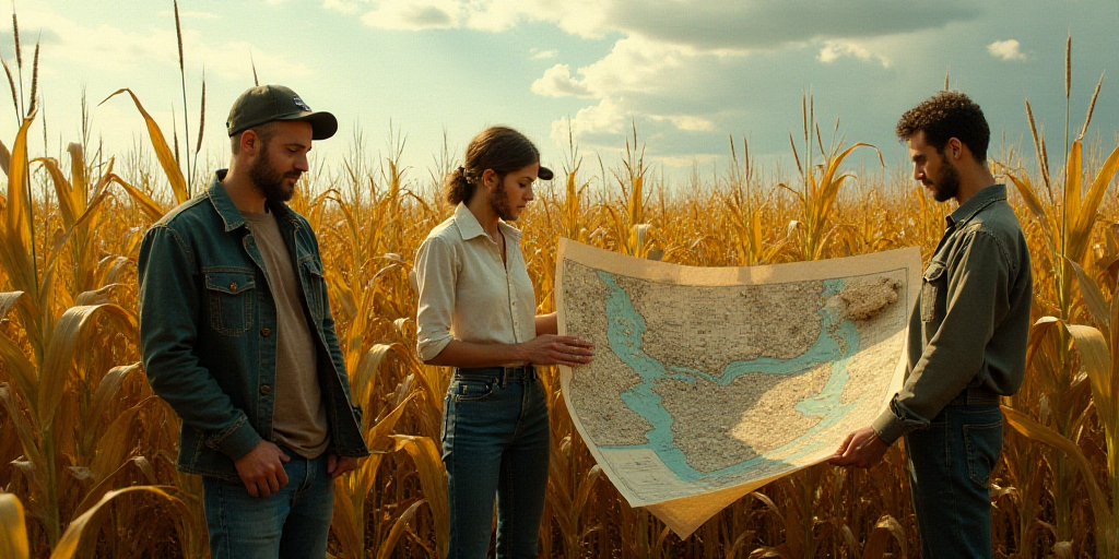 a group of people standing in a corn field looking at a map and a map of the area that they are look
