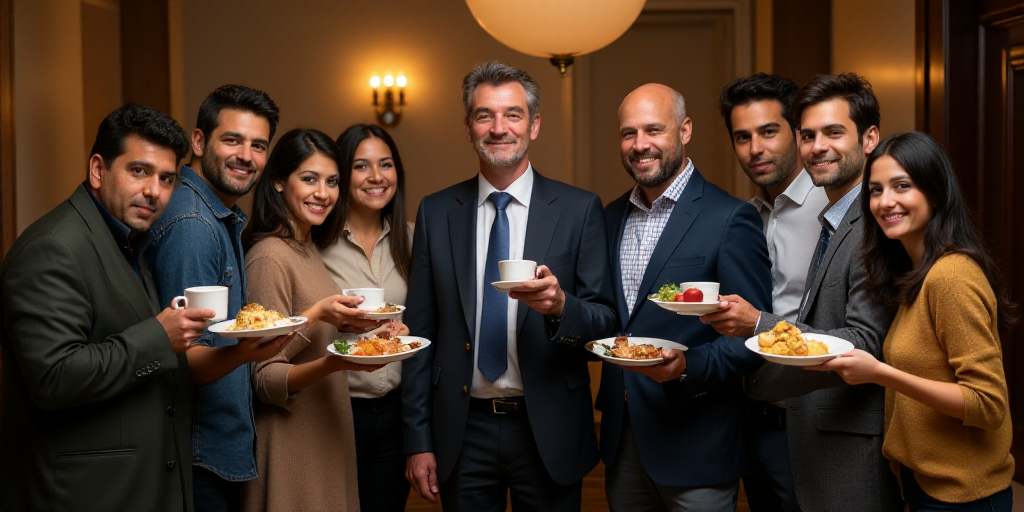 a group of people standing in a room holding cups and plates of food and posing for a picture with a