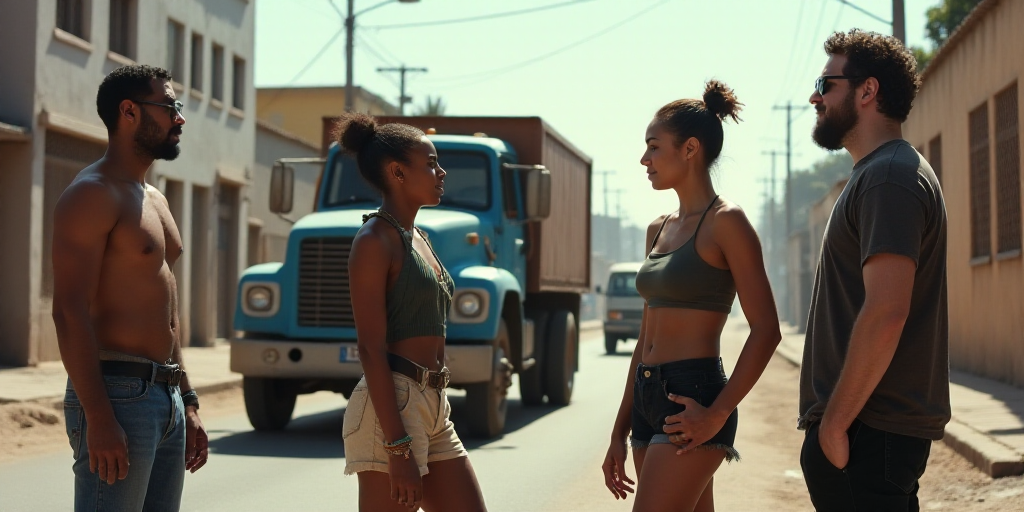 a group of people standing in the street talking to each other and a truck in the background with a
