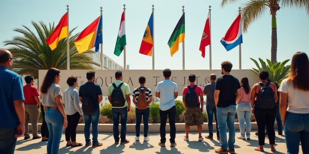 a group of people standing in front of a sign with flags on it and a plant in the corner, Aquirax Un