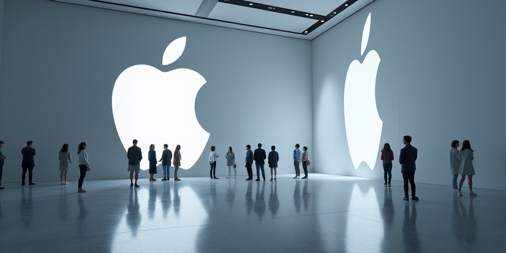 a group of people standing in a building with a large apple logo on it's wall and a building with a