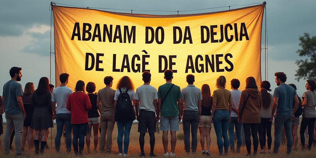 a group of people standing in front of a sign with a banner behind them that says, abanam do da deje