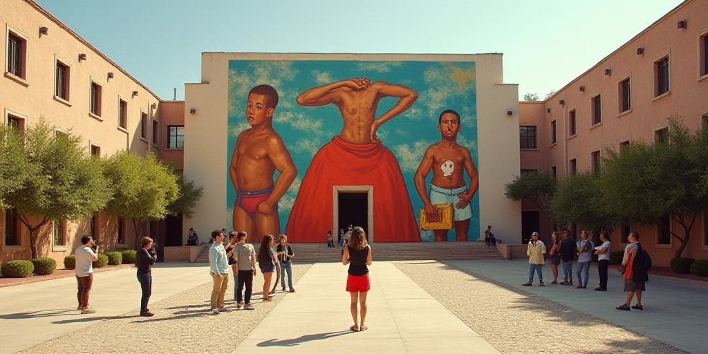 a group of people standing in front of a building with a large painting on the wall behind them and