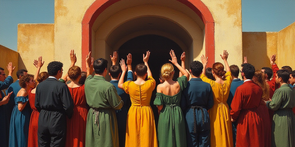 a group of people standing in front of a building with their hands up in the air and clapping to the
