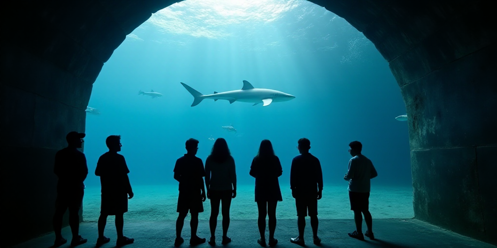 a group of people standing in front of a shark tunnel with a shark in the background and a group of