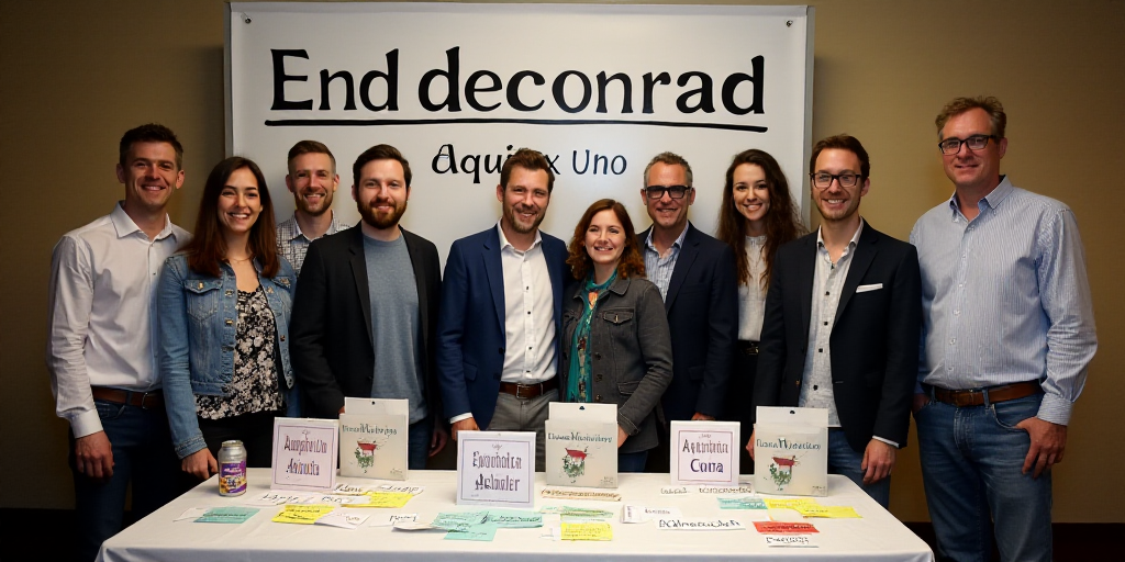 a group of people standing in front of a table with signs on it and a sign behind them that says, en