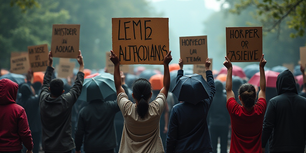 a group of people standing next to each other holding up signs in front of a crowd of people with um