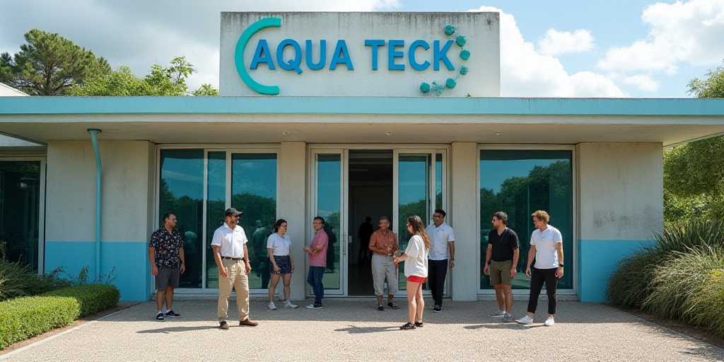 a group of people standing next to a sign in front of a building with a sign that says aqua tech, Aq