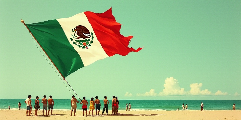a group of people standing next to a large mexican flag kite on a beach in the ocean with people sta
