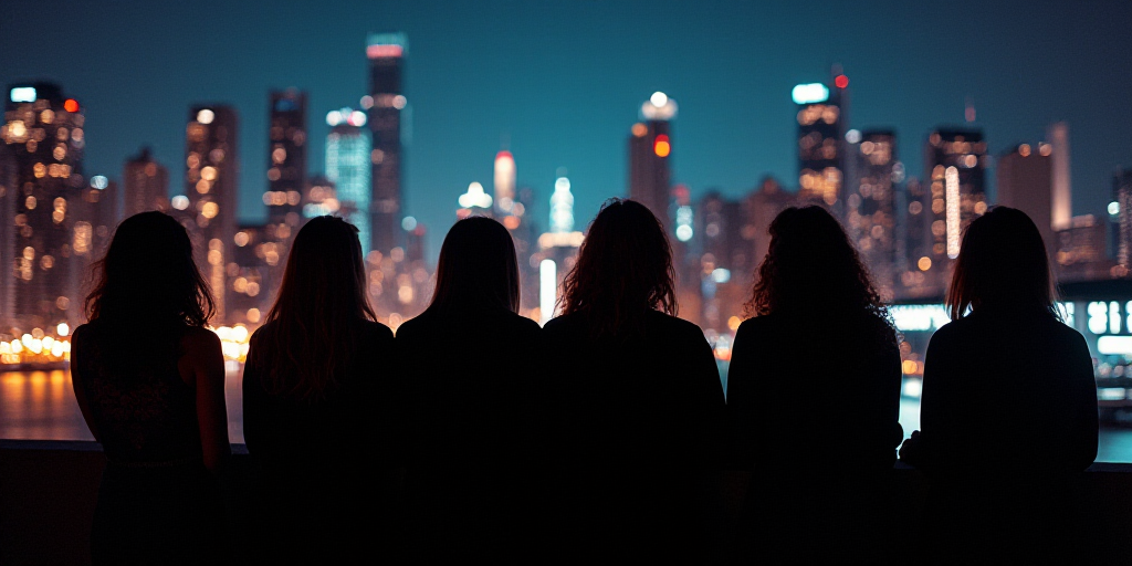 a group of people standing next to each other in front of a city at night with lights on the buildin