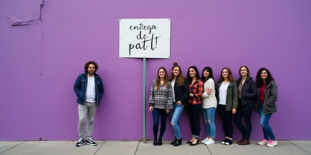 a group of people standing next to each other in front of a purple wall with a sign that says entreg
