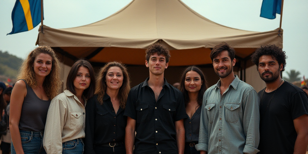 a group of people standing next to each other under a tent with a flag on it and a man in a black sh