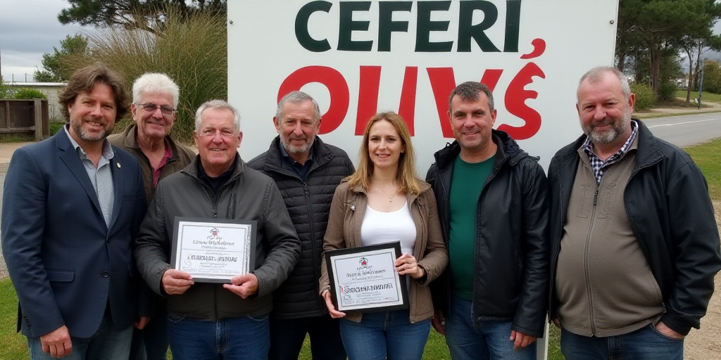 a group of people standing next to each other holding a plaque in front of a sign that reads,, Cefer