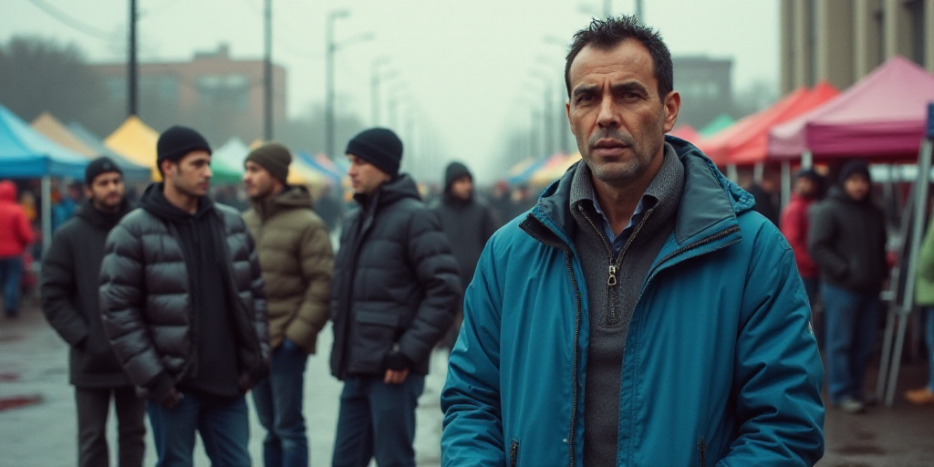 a group of people standing next to each other on a street corner with tents in the background and a