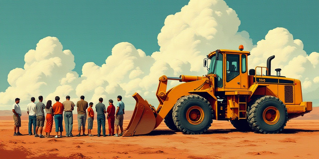 a group of people standing next to a bulldozer on a dirt field with a sky background and clouds, Dav
