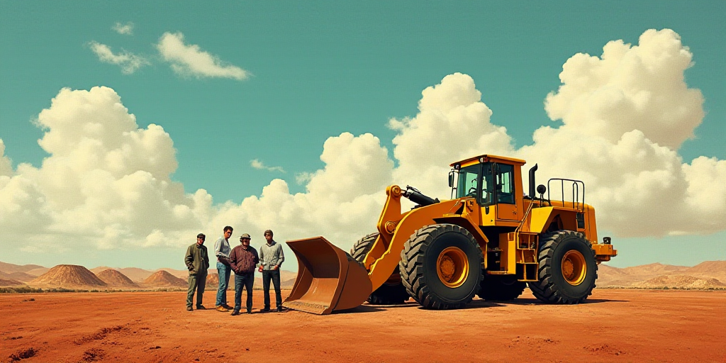 a group of people standing next to a bulldozer on a dirt field with a sky background and clouds, Dav