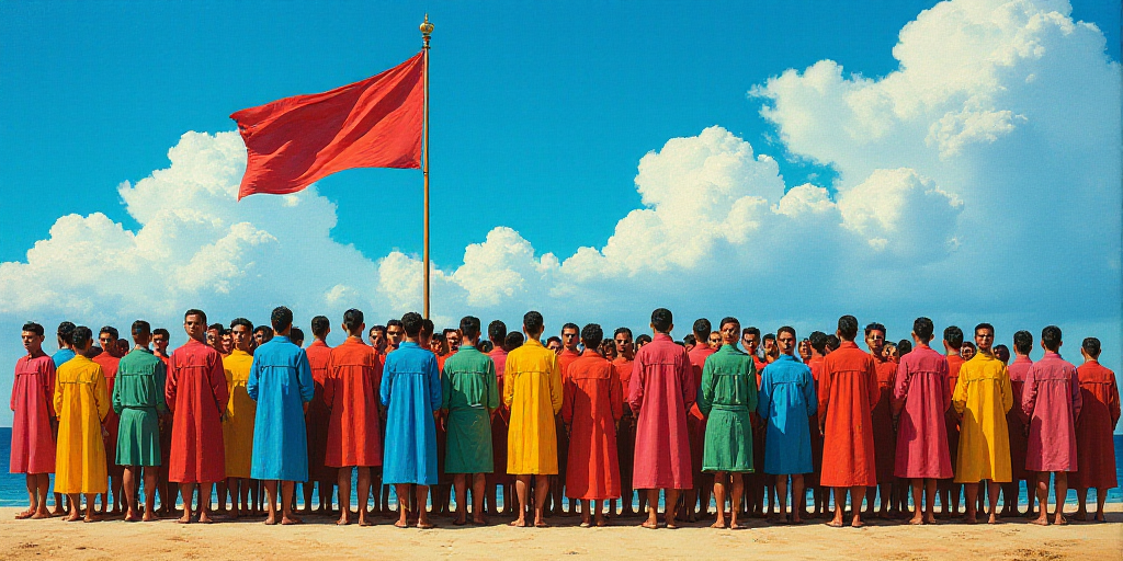 a group of people standing next to each other under a blue sky with a flag flying in the background,