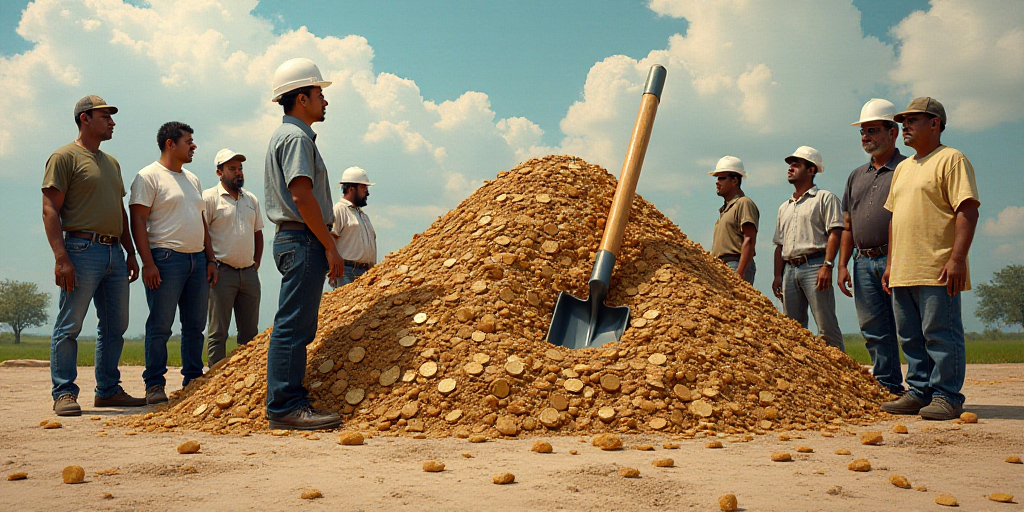 a group of people standing next to a pile of coins and a pile of dirt with a shovel in it, Edi Rama,
