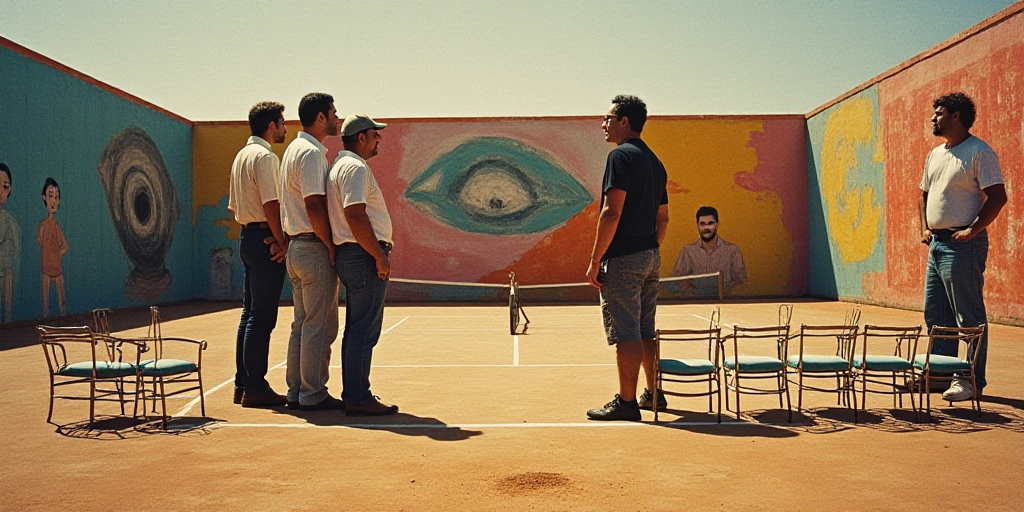 a group of people standing next to each other in front of a tennis court with chairs and a tennis co