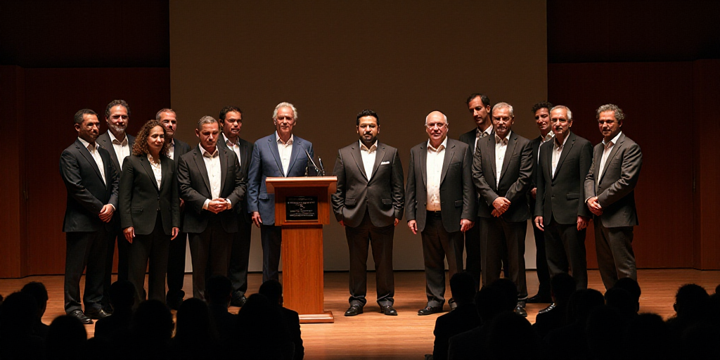 a group of people standing on a stage with a plaque in front of them and a crowd of people behind th