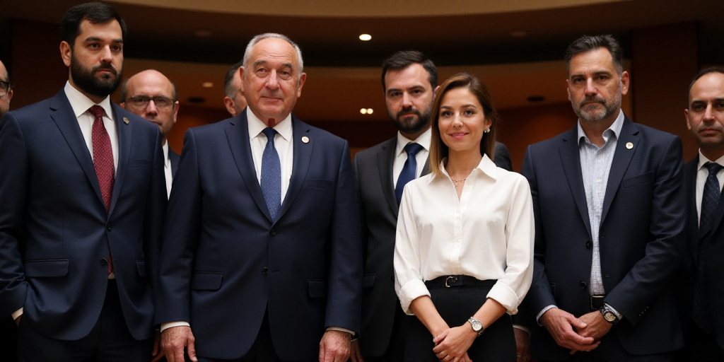 a group of people standing on a stage with a man in a suit and tie and a woman in a white shirt, Art