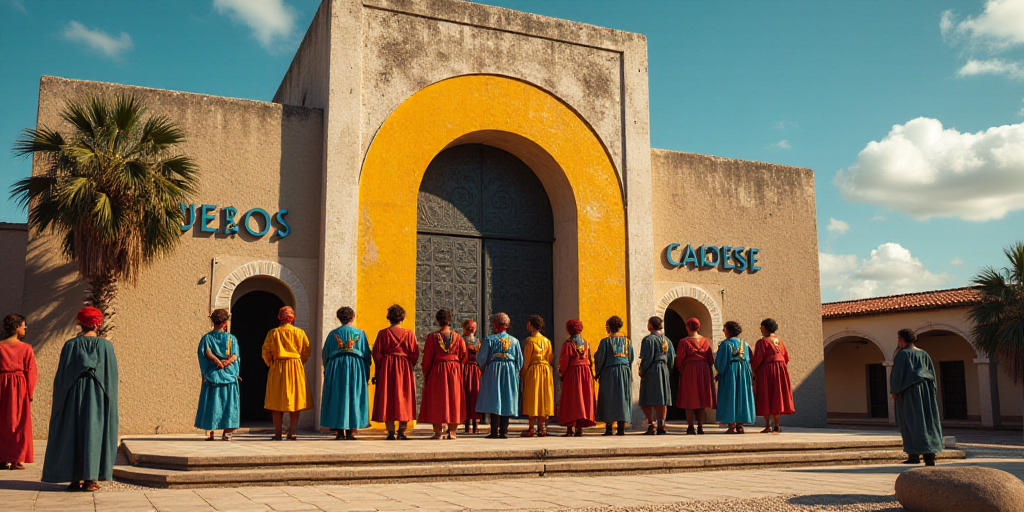 a group of people standing on a stage in front of a building with a sign that says 100 anos, David A