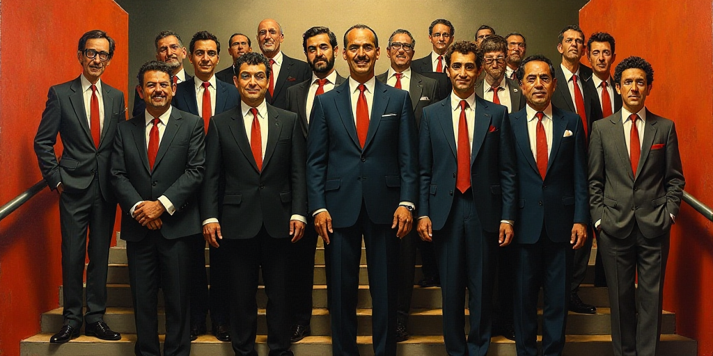 a group of people standing on a staircase together in suits and ties, all smiling for a picture with