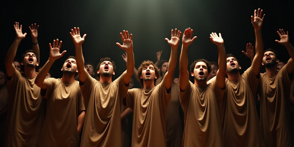 a group of people standing on a stage with their hands up in the air and their mouths open in front