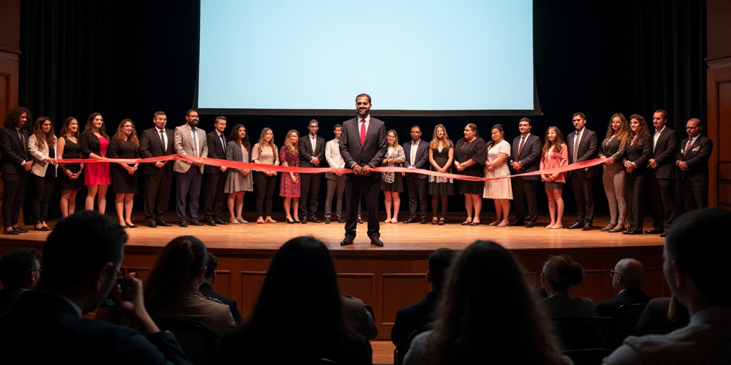 a group of people standing on a stage holding a ribbon in front of them and a man in a suit, Arament
