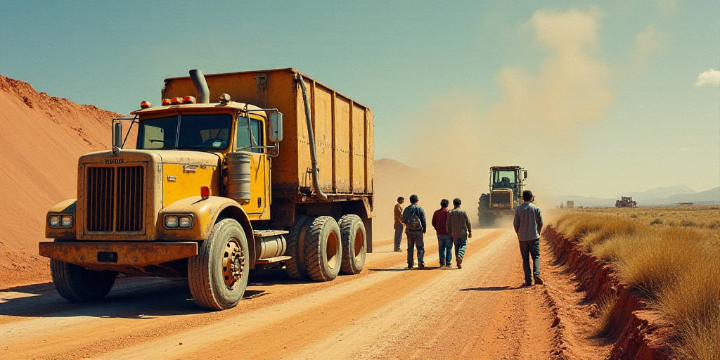 a group of people standing on a dirt road next to a construction truck and a tractor in the backgrou