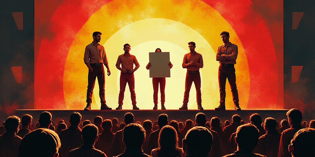 a group of people standing on a stage with a sign in front of them and a crowd of people standing be