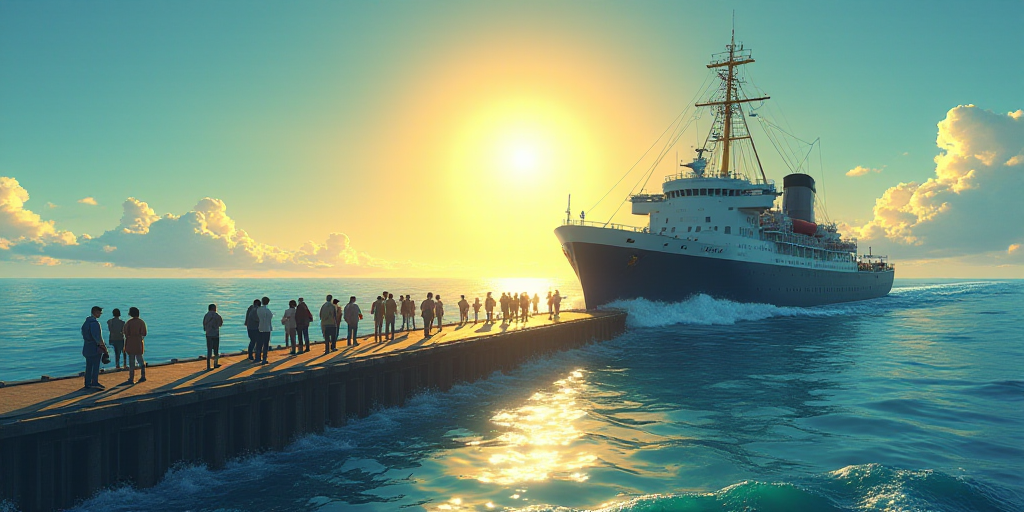 a group of people standing on a pier next to a large ship in the ocean with a sun shining, Eiichiro