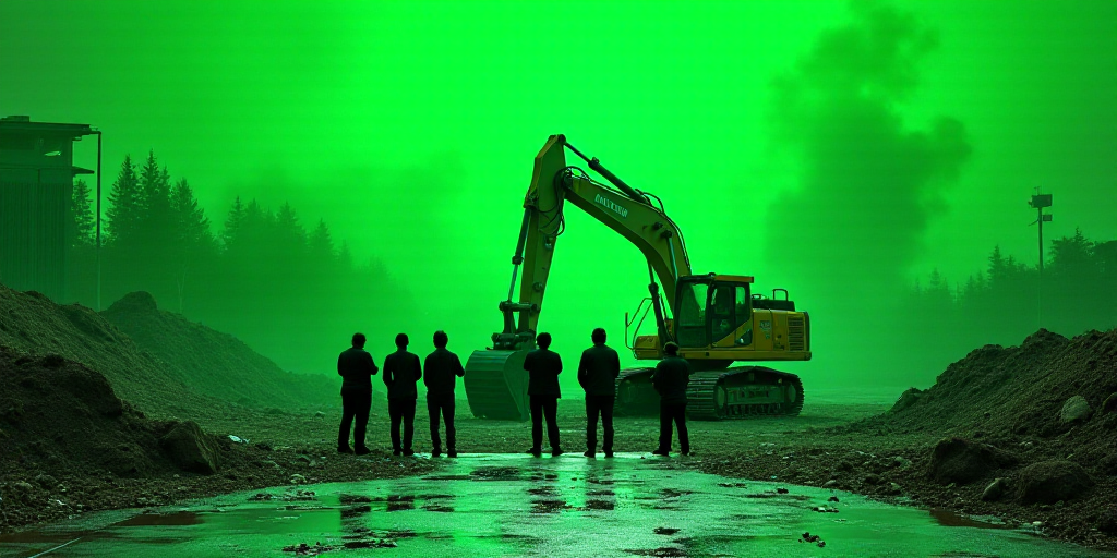 a group of people standing on a stage with a construction vehicle in the background and a constructi