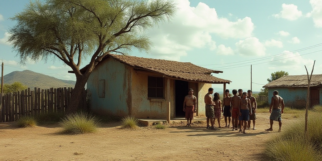 a group of people standing outside of a shack next to a tree and a building with a roof and a fence,