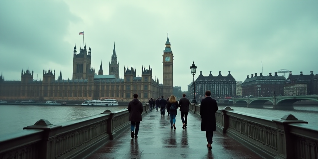 a group of people walking across a bridge near a clock tower in london, england, on a cloudy day, Ch