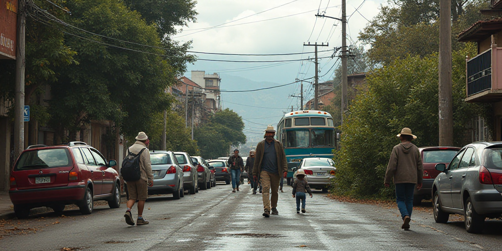 a group of people walking around a street with cars and a bus in the background and a fallen tree, E