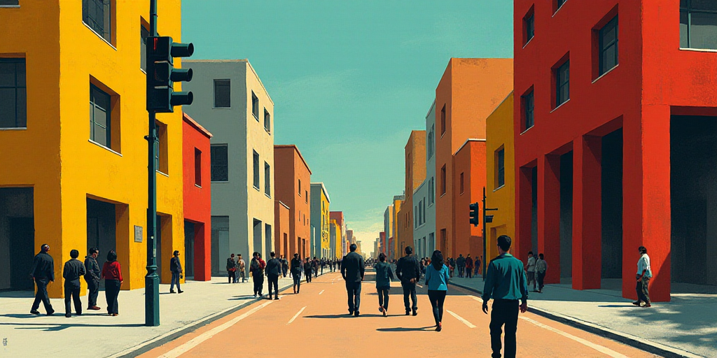 a group of people walking around a city street next to tall buildings and a traffic light on a pole,