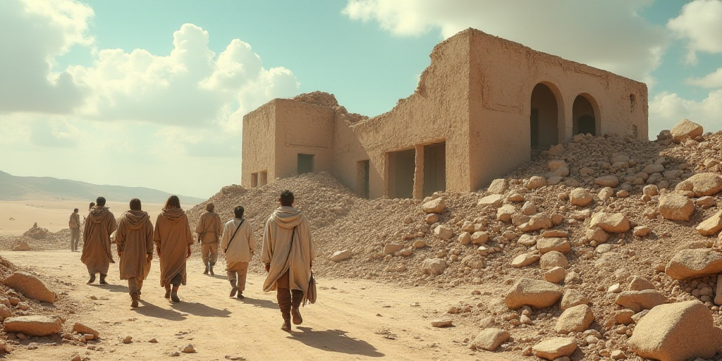 a group of people walking around a destroyed building in the desert with a sky background and a larg