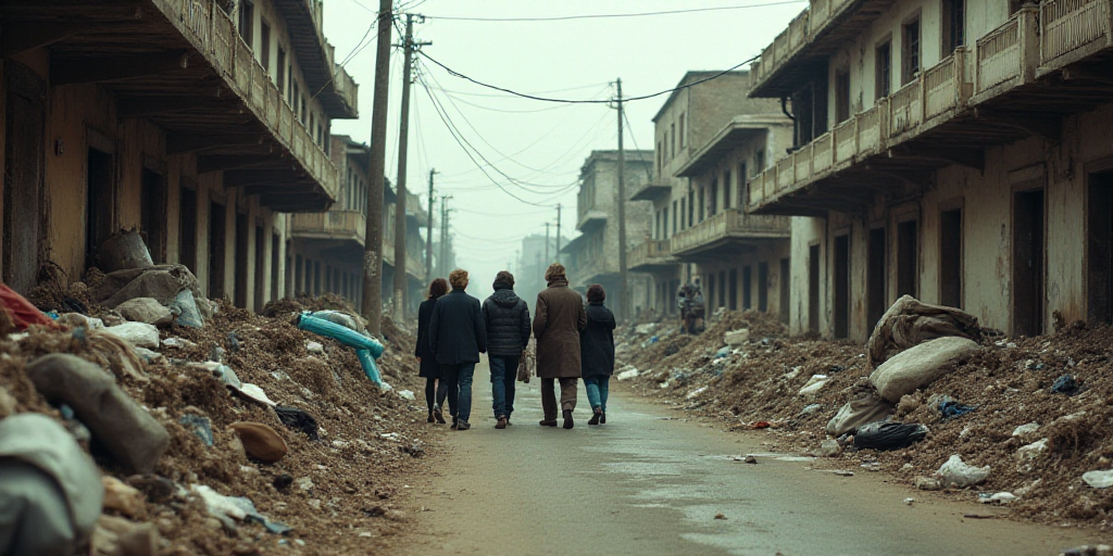 a group of people walking down a street next to a pile of trash and debris on the ground and buildin