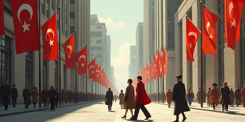 a group of people walking down a street next to tall buildings with flags flying from them on poles