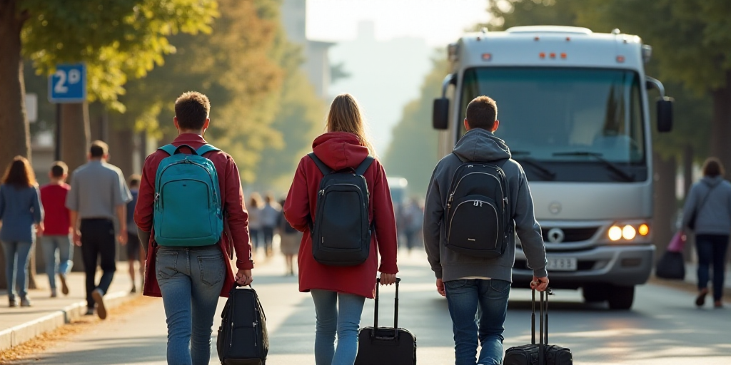 a group of people walking down a street with luggage bags and a van behind them and a bus in the bac