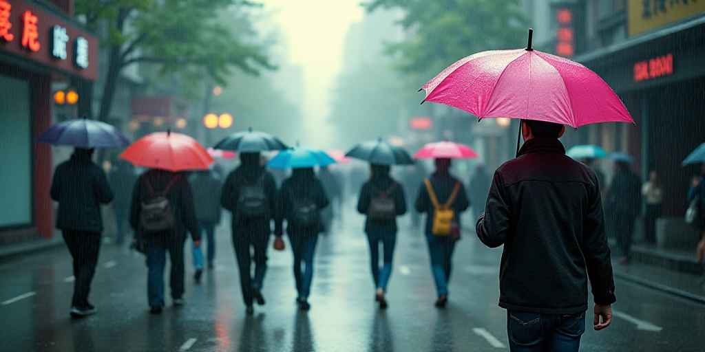 a group of people walking down a street in the rain with umbrellas over their heads and a man holdin