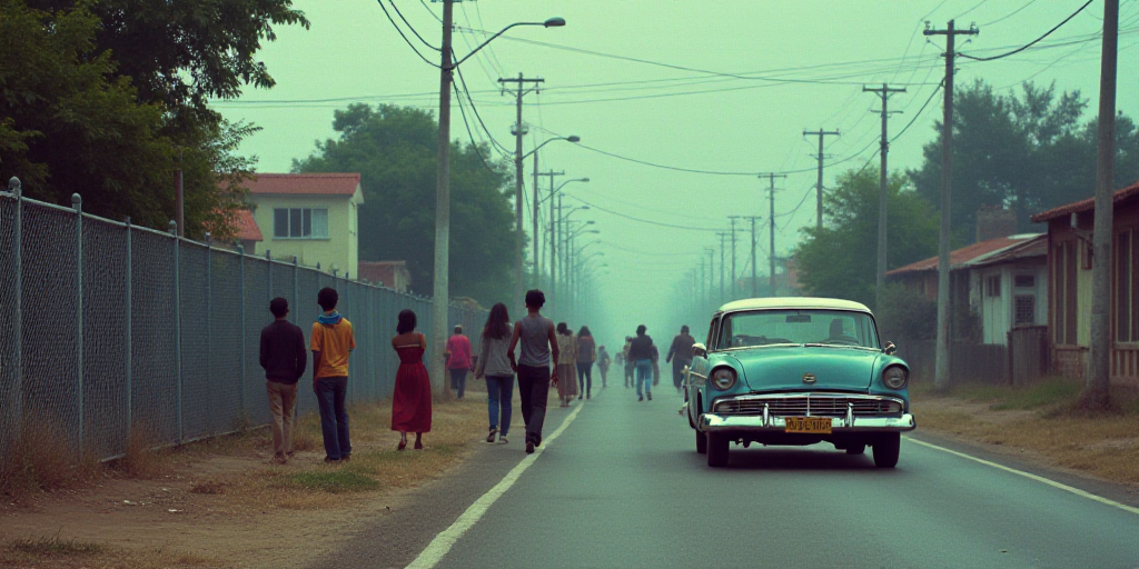 a group of people walking down a street next to a fence and a car on the road with people standing a