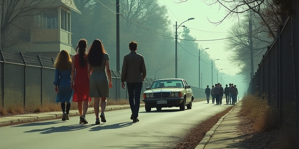 a group of people walking down a street next to a fence and a car on the road with people standing a