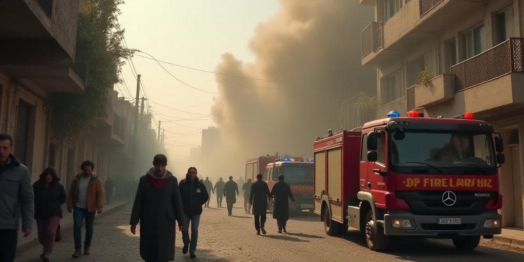 a group of people walking down a street next to a fire truck and a building with smoke pouring out o