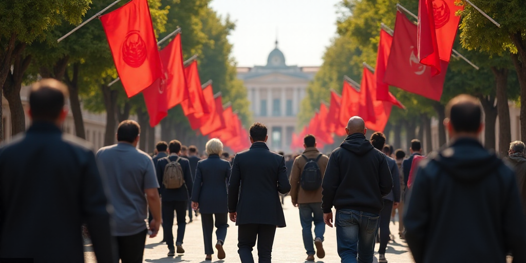 a group of people walking down a street with flags hanging from the trees and a building in the back