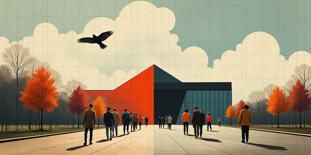 a group of people walking in front of a building with a bird flying overhead in the sky above it, Bo