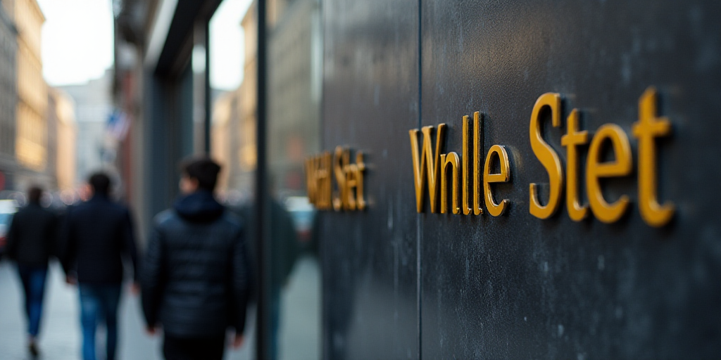 a group of people walking past a wall street sign on a building with a gold lettering on it's side,