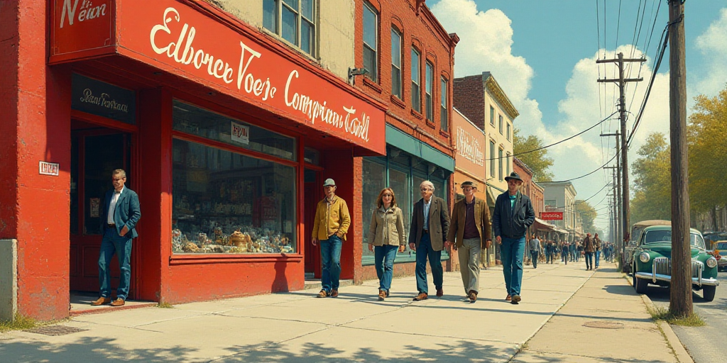 a group of people walking past a store front with a red sign on it's side and a red and white sign o