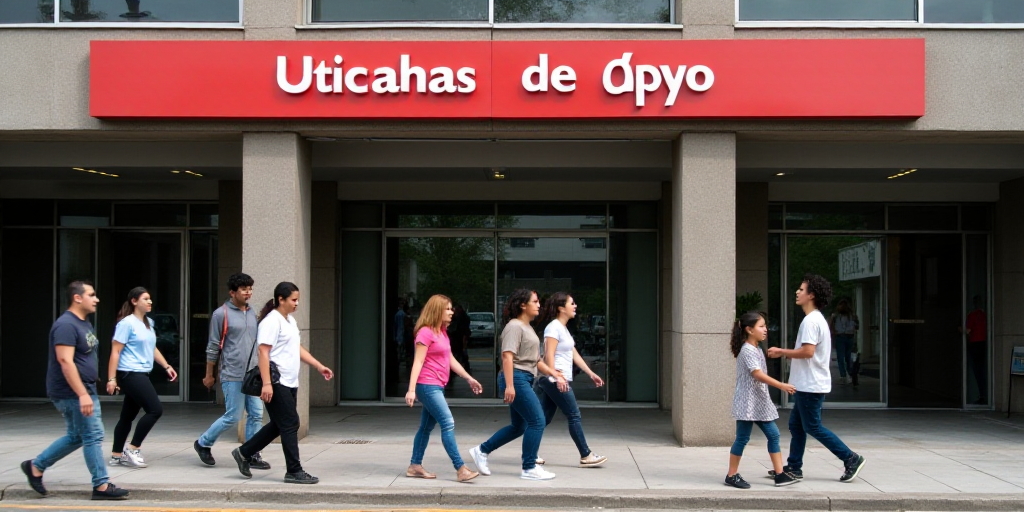 a group of people walking past a building with glass windows and a red sign that says uticahas de ap